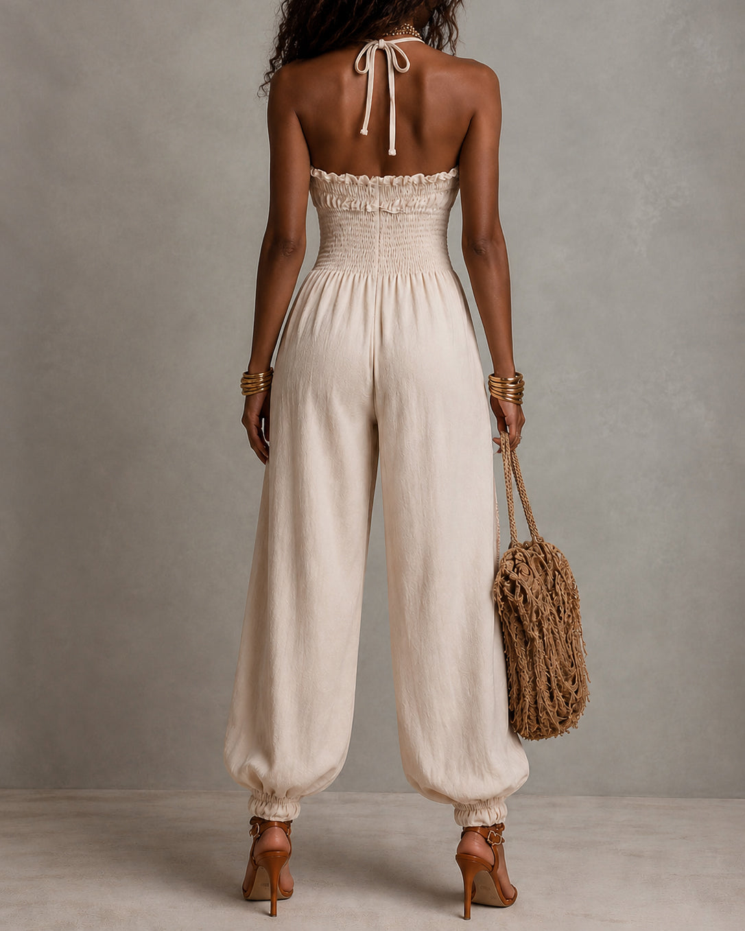 Bohemian Lace-trimmed Linen Blend Backless Jumpsuit