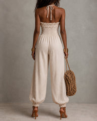 Bohemian Lace-trimmed Linen Blend Backless Jumpsuit