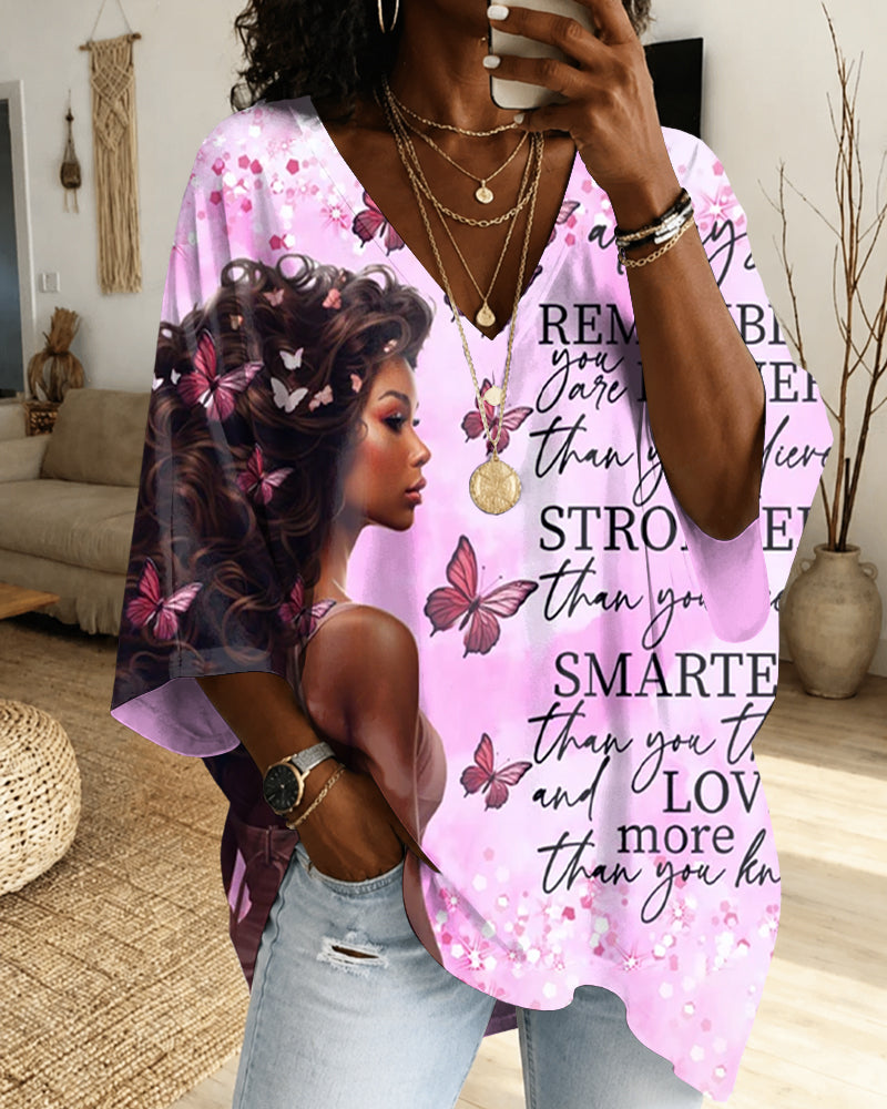 Black Woman Inspirational V‑Neck Half‑Sleeve Loose‑Fit Top