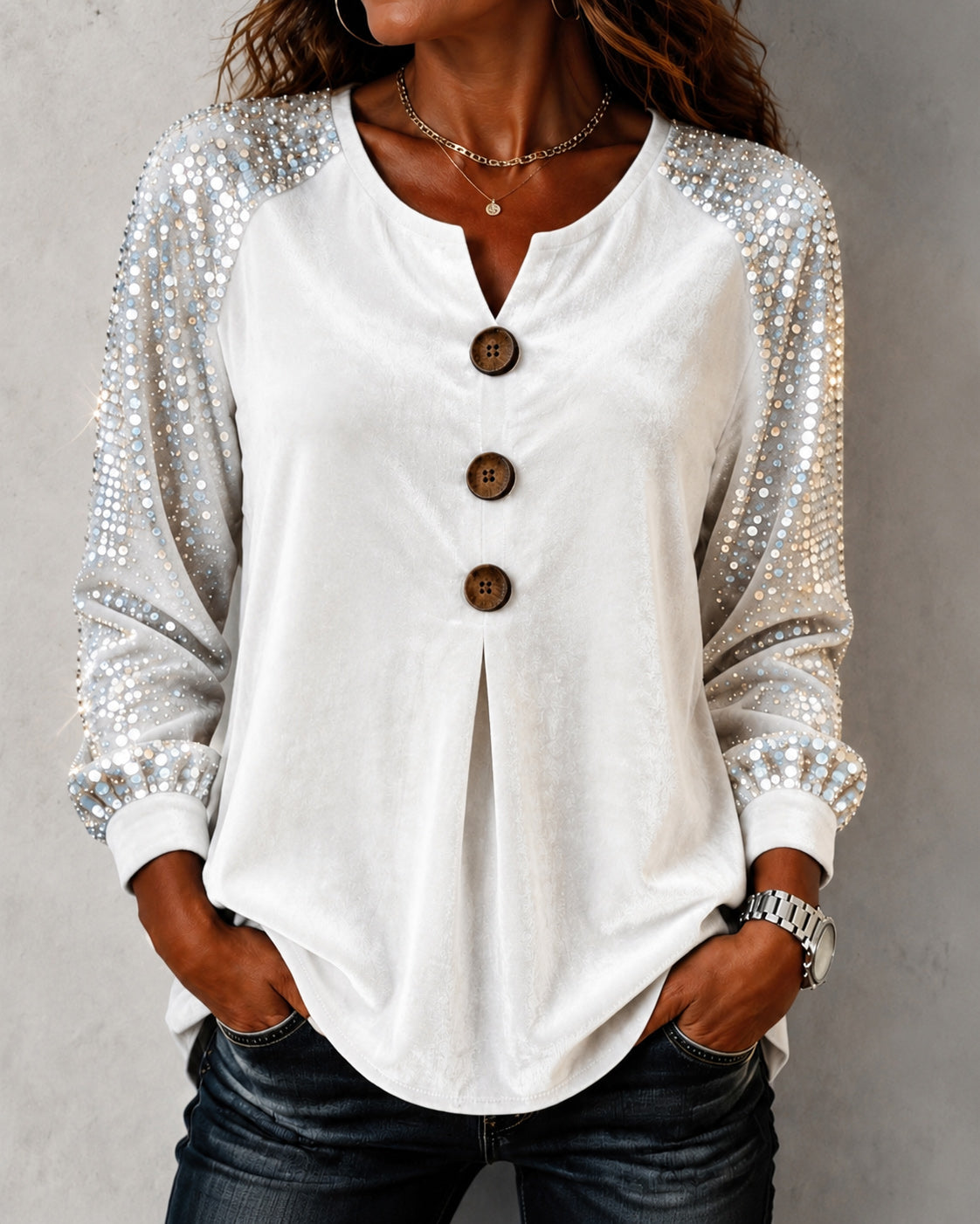 Velvet Sequin Raglan Long Sleeve Blouse