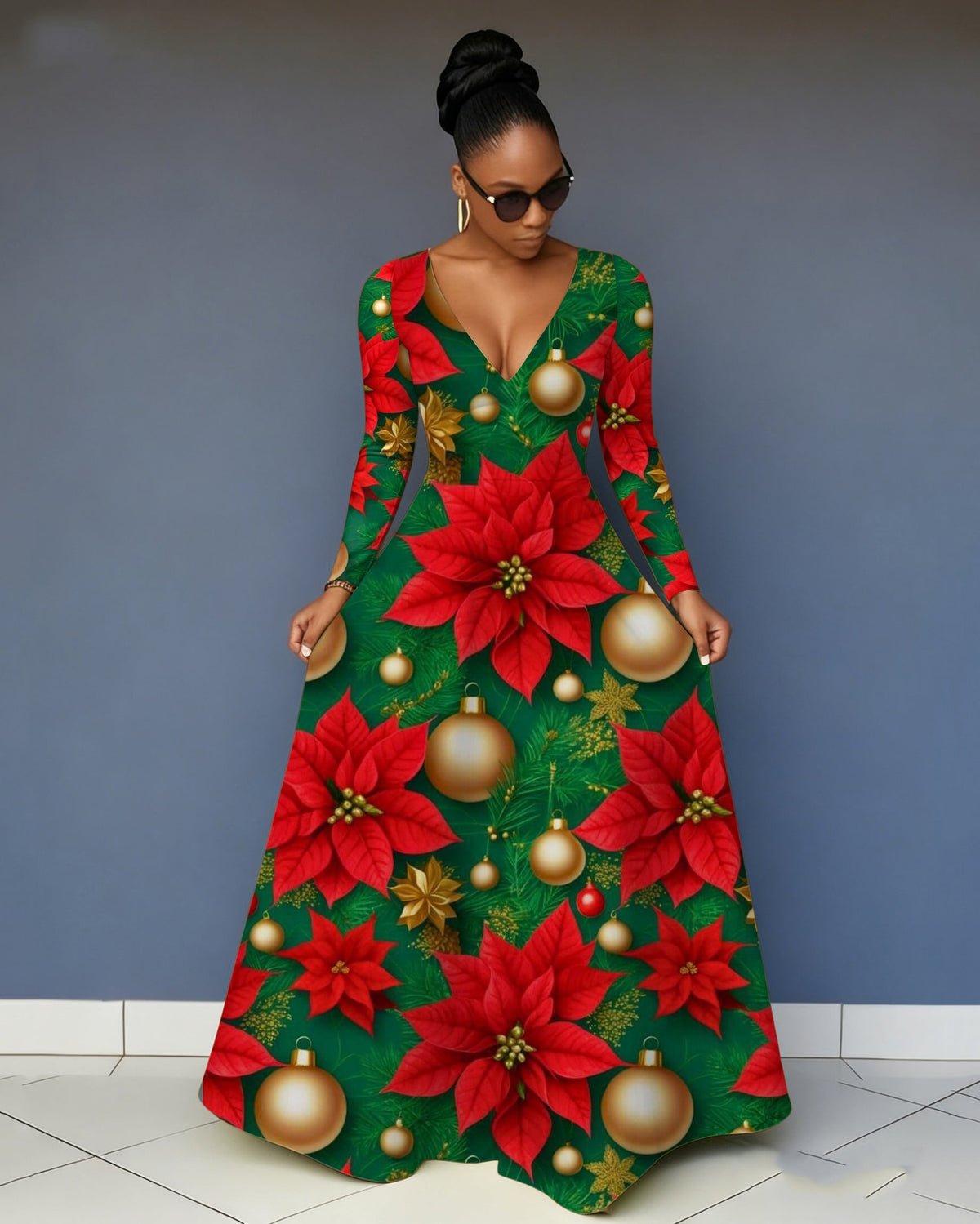 V Neck Christmas Big Red Flowers Long Sleeves Maxi Dress