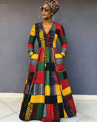 V-Neck Reggae Color Blocking Geometric Texture Pocket Long-Sleeved Maxi Dress