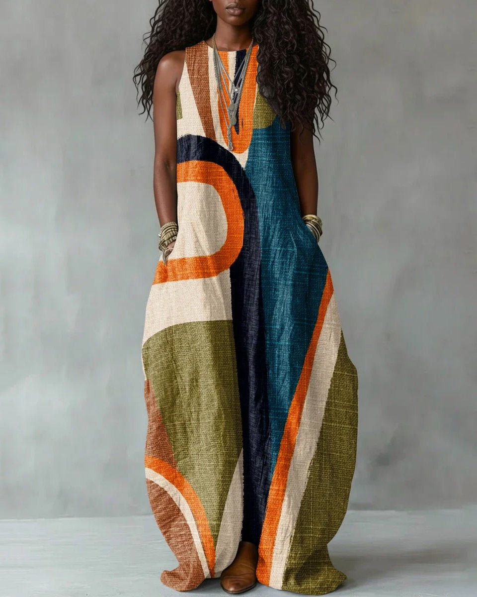 Fashionable Retro Striped Print Casual Sleeveless Round Neck Maxi Dress