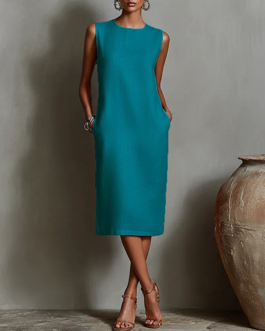 Silk Casual Solid Tailored Sleeveless Midi Dress