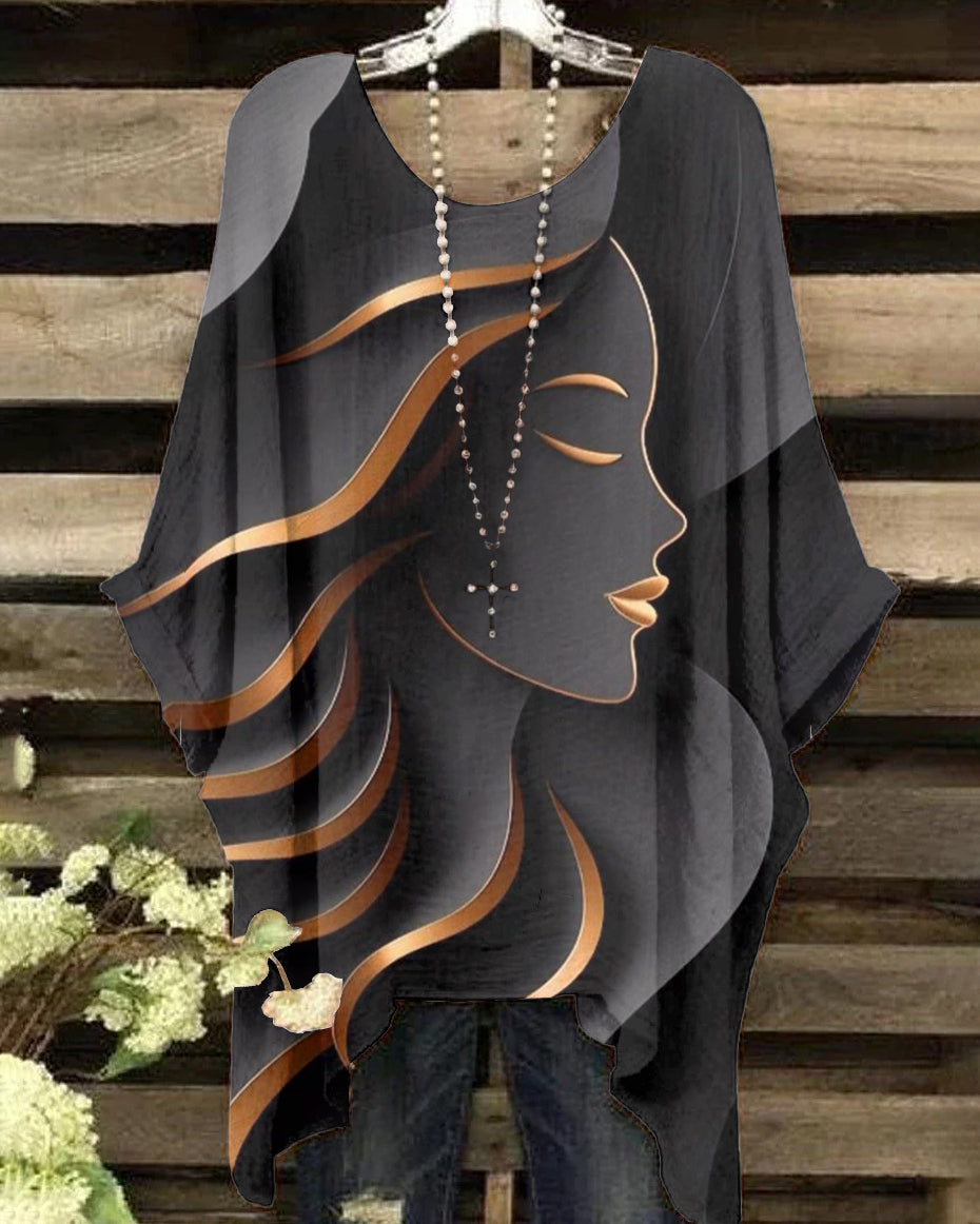 Round Neck Gold Stripe Face Art Irregular Shirt