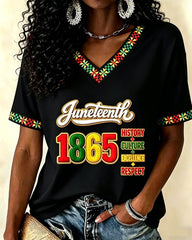 Juneteenth Remember The Past Print V-neck Short Sleeve Tshirt