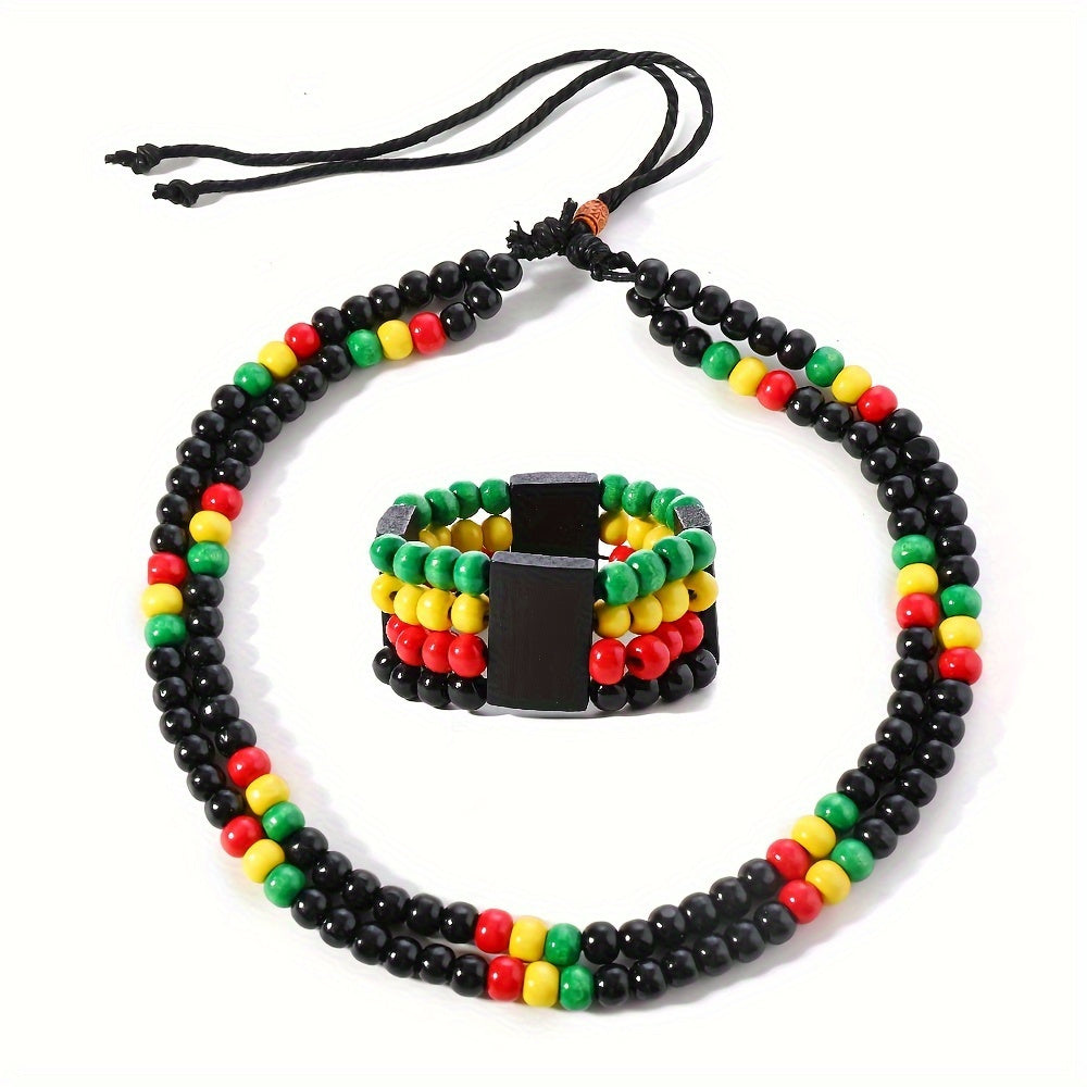 Set of 2 Bohemian Necklaces And Bracelets Featuring Vibrant, Multi-Colored Wooden Beads in Red, Yellow, And Green