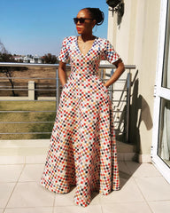 V Neck Colorful Square Print Short Sleeve Maxi Dress