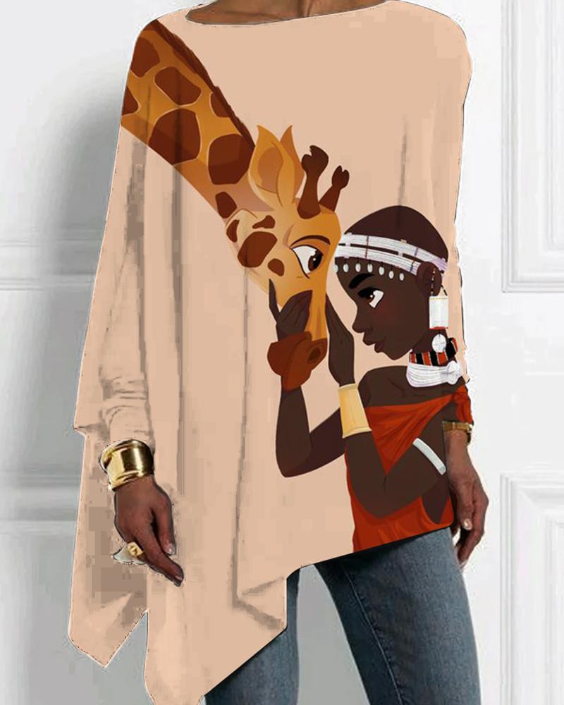 Black giraffe print one word collar irregular ladies top