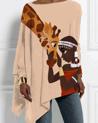 Black giraffe print one word collar irregular ladies top