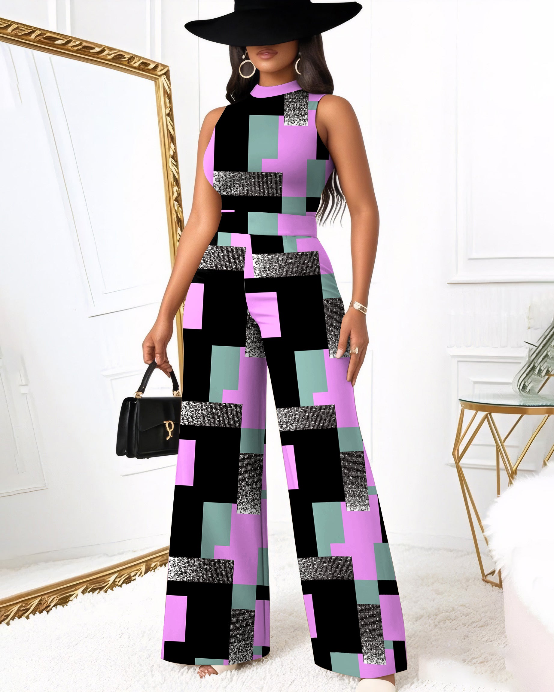 Geometric Block Color Contrast Wide Leg Jumpsuit