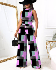 Geometric Block Color Contrast Wide Leg Jumpsuit