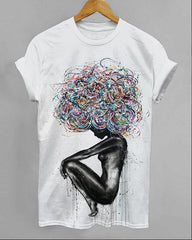 Crayon Color Afro Girl Round Neck Short Sleeve Shirt