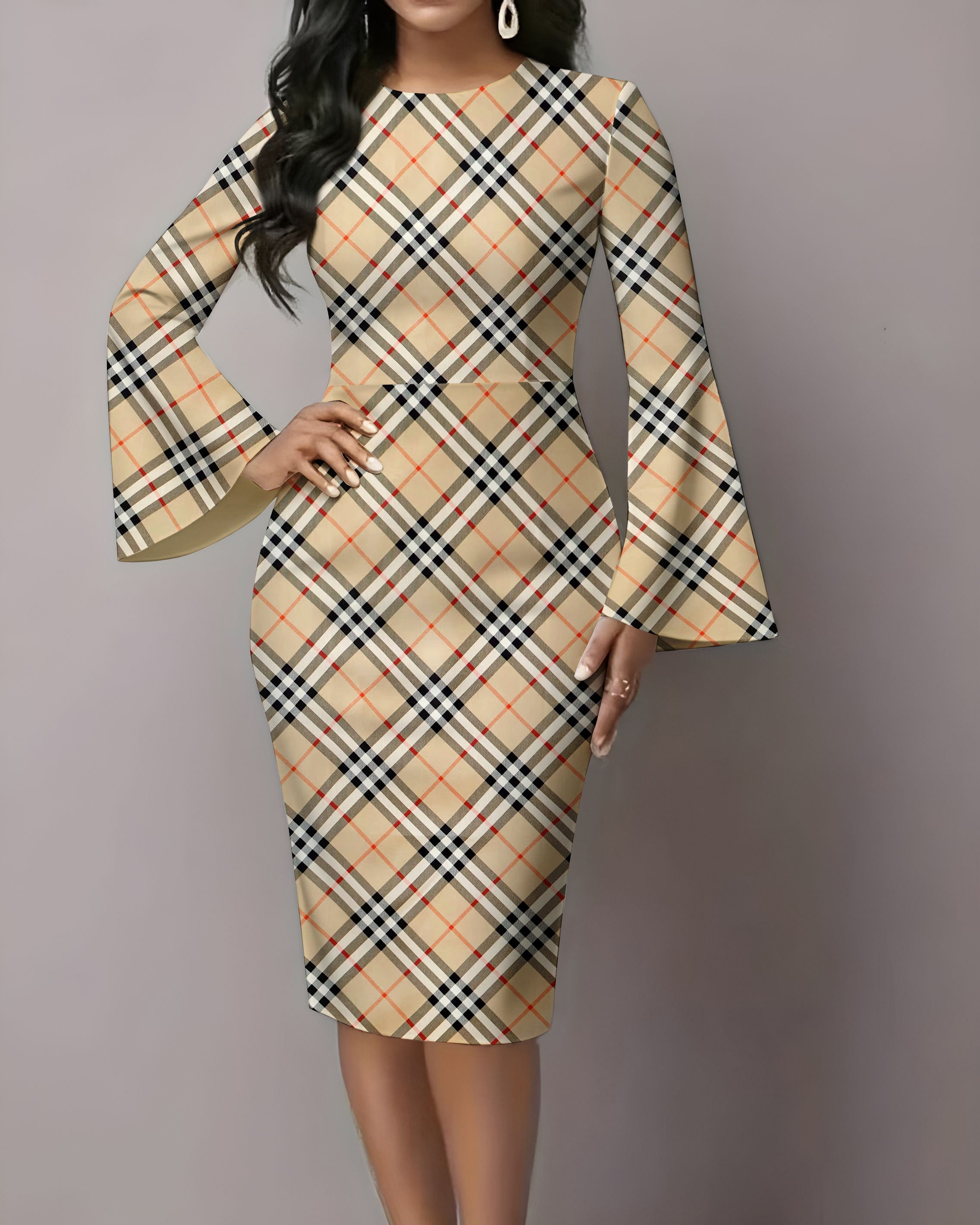 Classic Plaid Stripes Flared Sleeves Midi Bodycon Dresses