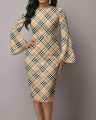 Classic Plaid Stripes Flared Sleeves Midi Bodycon Dresses