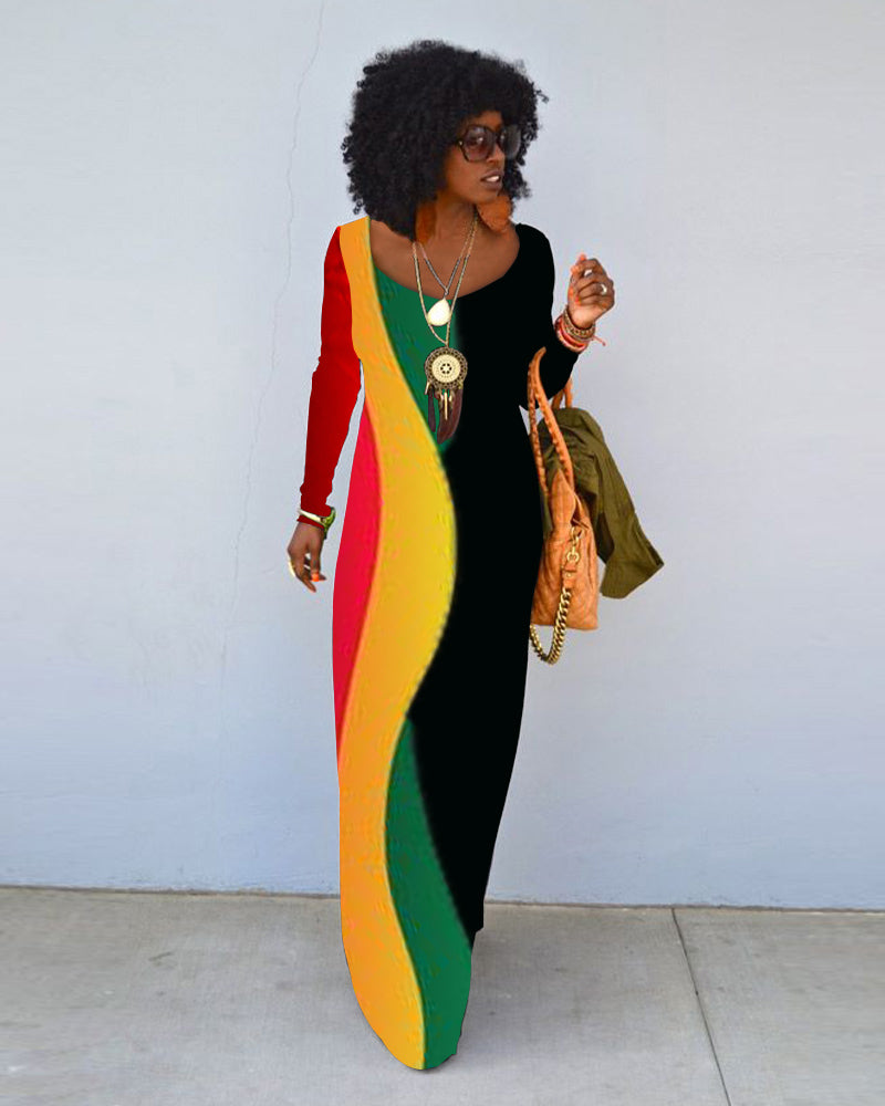 Juneteenth Print Crew Neck Long Sleeve Dress