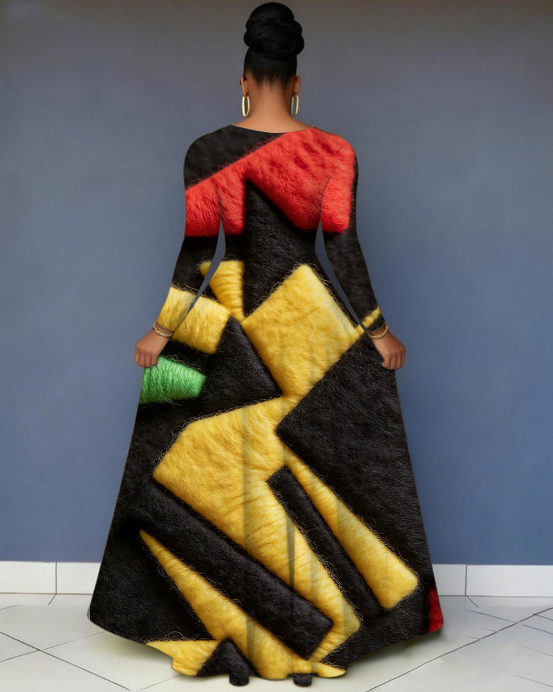 V-Neck Geometric Color Blocking Pocket Long-Sleeved Maxi Dress