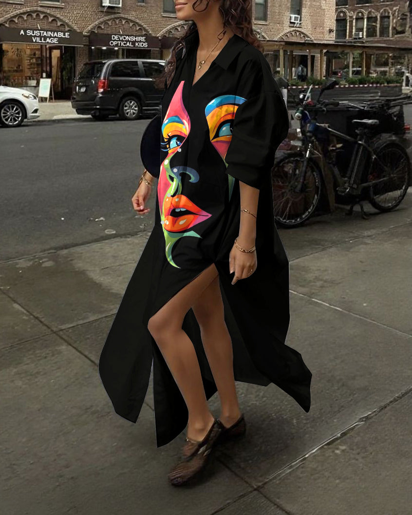 Face Art Graffiti Hem Slit Shirt Collar Long Sleeve Maxi Dress