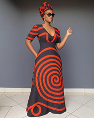 V Neck Circular Geometric Waves Short Sleeve Maxi Dress