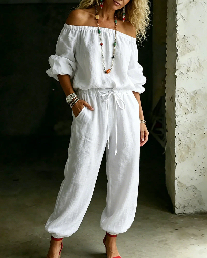 Off-Shoulder Solid Color Cotton Linen Tie Waist Cinched Waist Jumpsuit