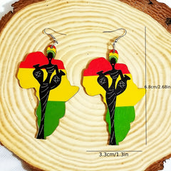 African Geometric Map Black History Month Color Wooden Earrings