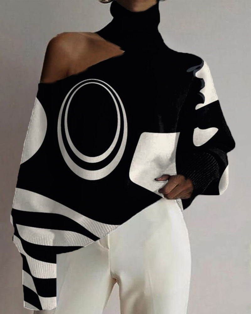 Black Color Contrast Oil Print Hollowed Out High Neck Top