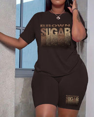 Women's Glitter Brown Suger Short Sleeve Shorts Set