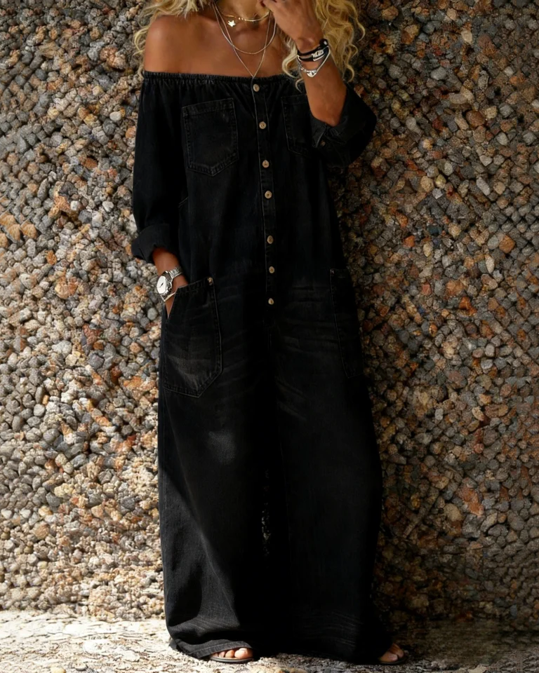 Women's Casual Long-sleeved Washed Cotton Denim Jumpsuit