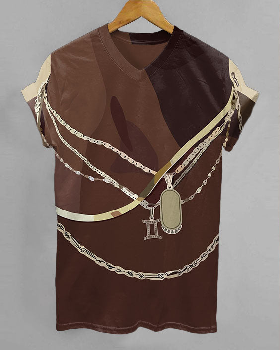 Gold Necklace Art V-neck Short Sleeve Tshirt