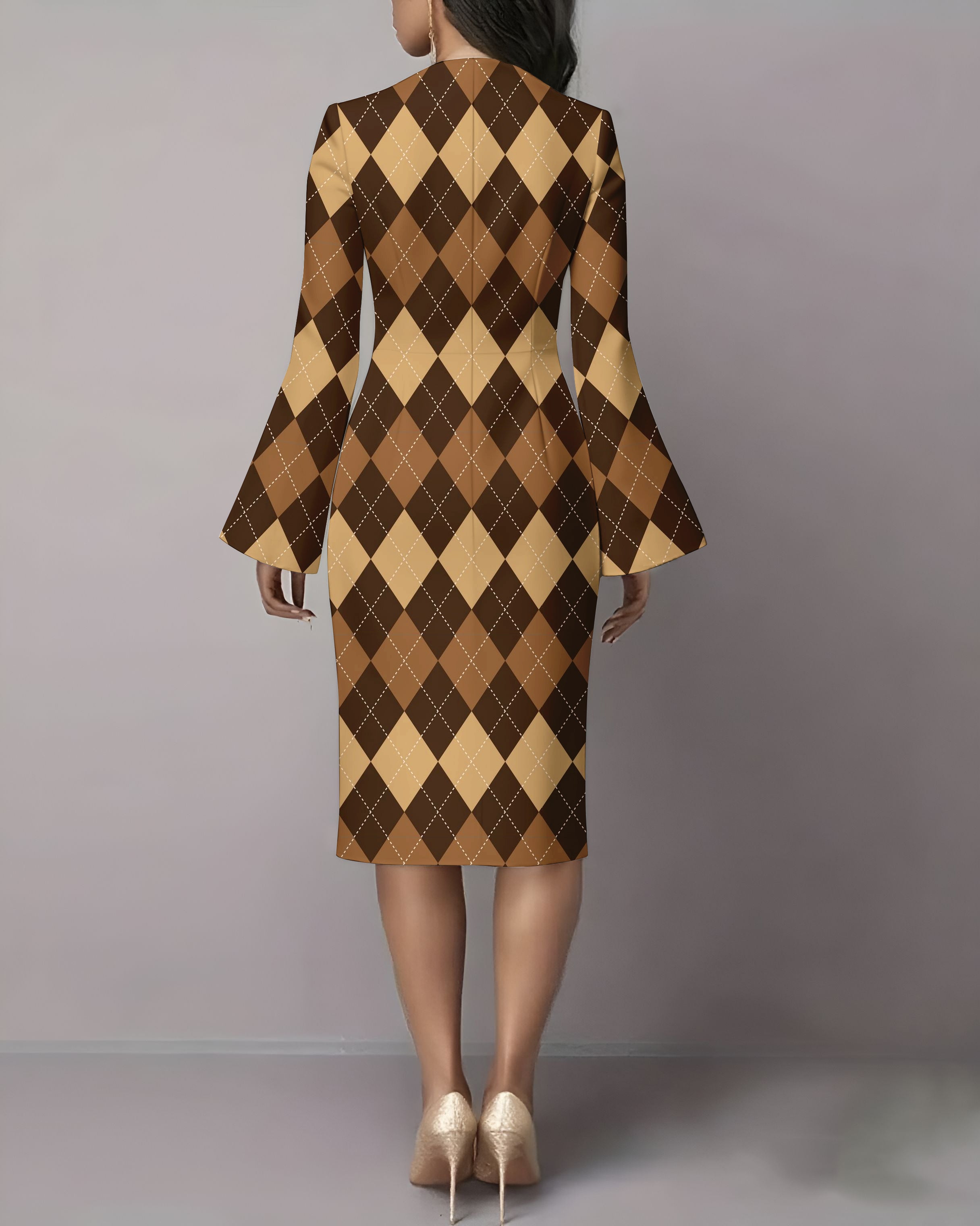 Contrasting Diamonds Flared Sleeves Midi Bodycon Dresses