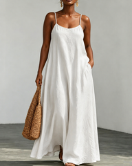 Solid Color Linen Cotton Cami Maxi Dress With Pockets