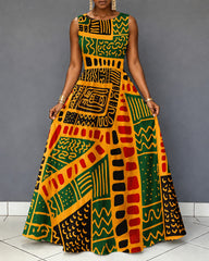 Black Cultural Tribal Totems Print Sleeveless Maxi Dress