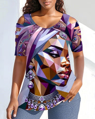 Purple African Tribal Woman Off-shoulder Short-sleeved T-shirt