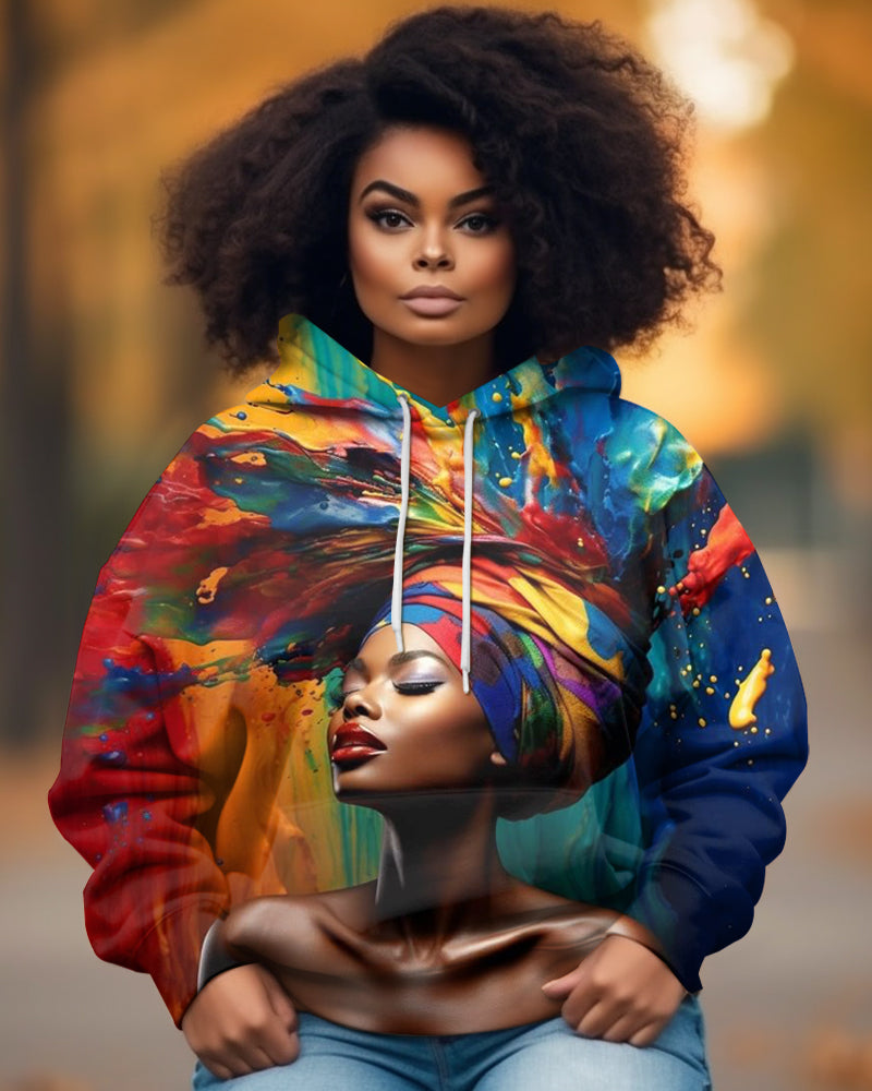 Colorful Headwrap African Woman Art Painting Long Sleeve Hood Hoodies