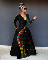 V-Neck Vibrant African Geometric Long-Sleeved Pocket Maxi Dress