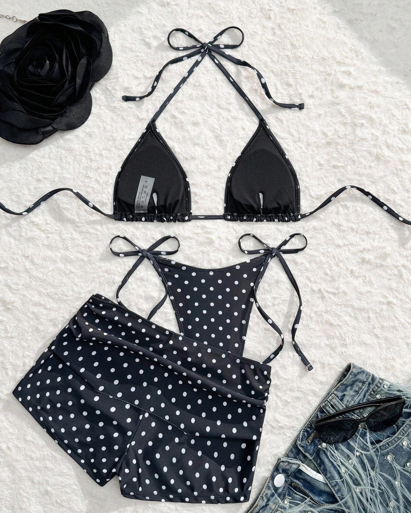 Polka Dot Halter Sexy Tie Detail 3-Piece Bikini Set