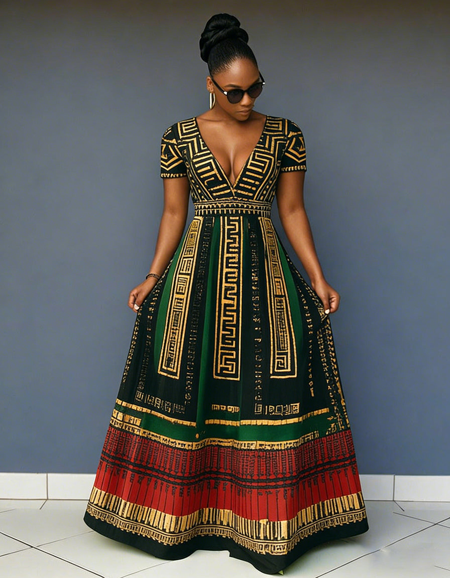 V Neck Gold Geometric Stripes Color Blocking Short Sleeve Pocket Maxi Dress