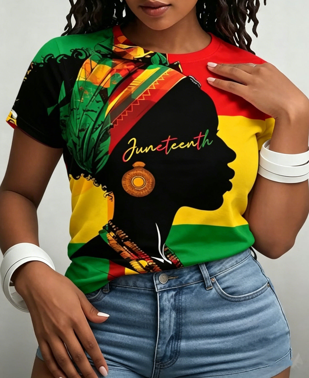 Juneteenth Black Woman in Headwrap Crew Neck Short Sleeve Tshirt