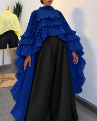 Mock Neck Tiered Ruffle Chiffon Cape Long Blouse