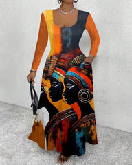 Tribal Women Oil Painting Long Sleeve Maxi Dress