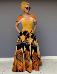V Neck Retro Tribal Women Short Sleeve Maxi Dress