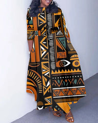 Tribal Geometric Print Long Sleeve Pockets Maxi Dress