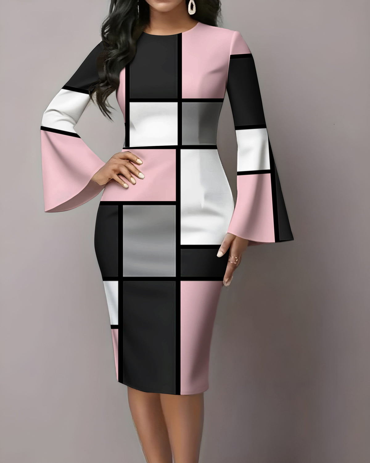Contrast Color Geometric Plaid Flared Sleeves Midi Bodycon Dresses
