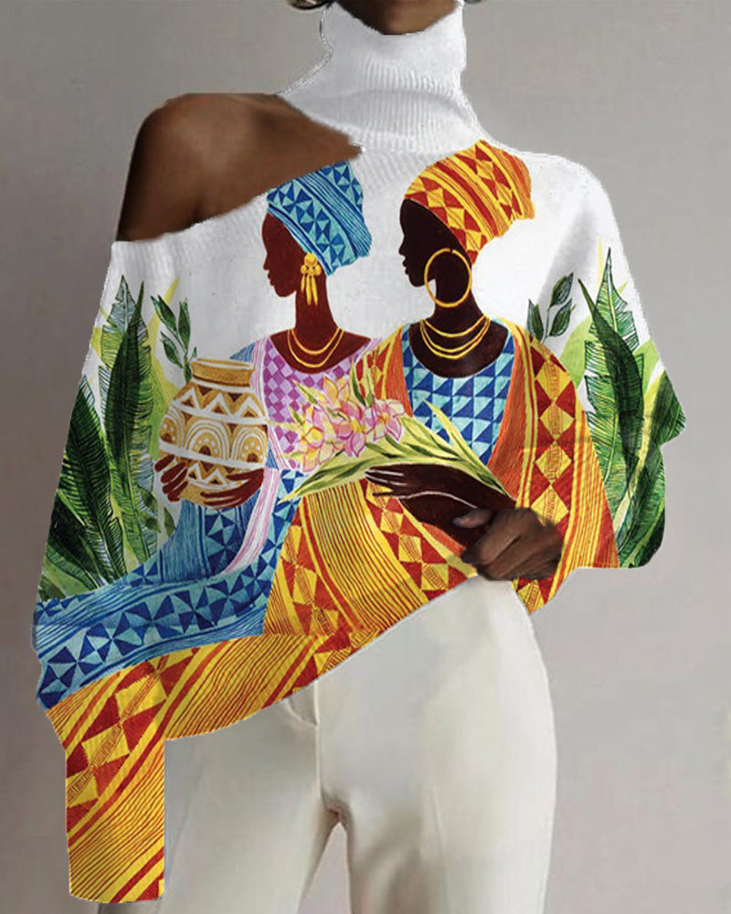 Women's Casual Turtleneck Print Top with Off-shoulder Black Ethnic Look
