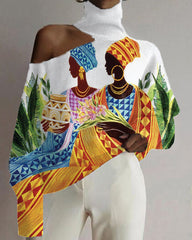 Women's Casual Turtleneck Print Top with Off-shoulder Black Ethnic Look