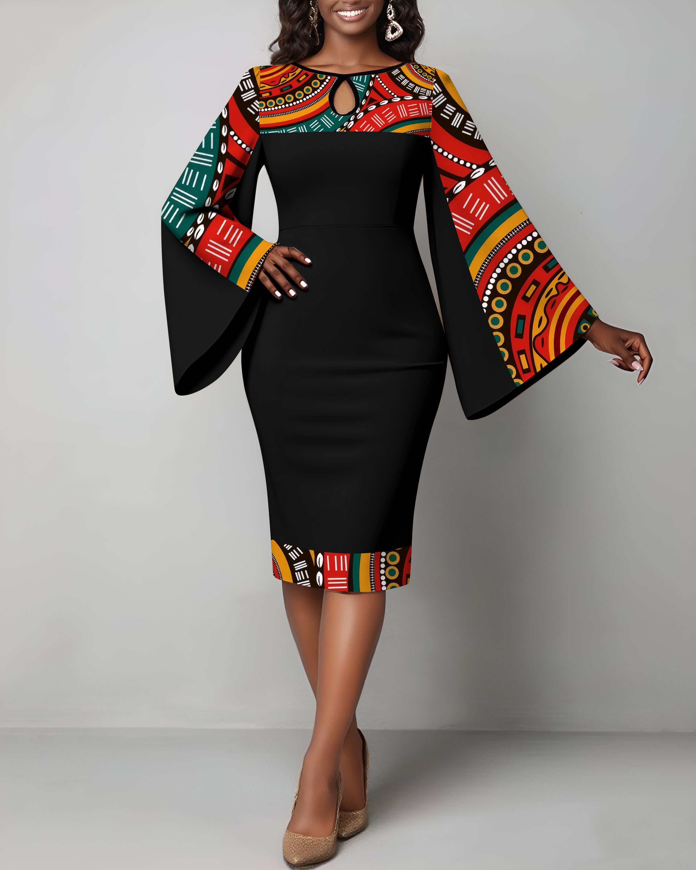 Ethnic Tribal Print Flared Sleeve Bodycon Midi Dress