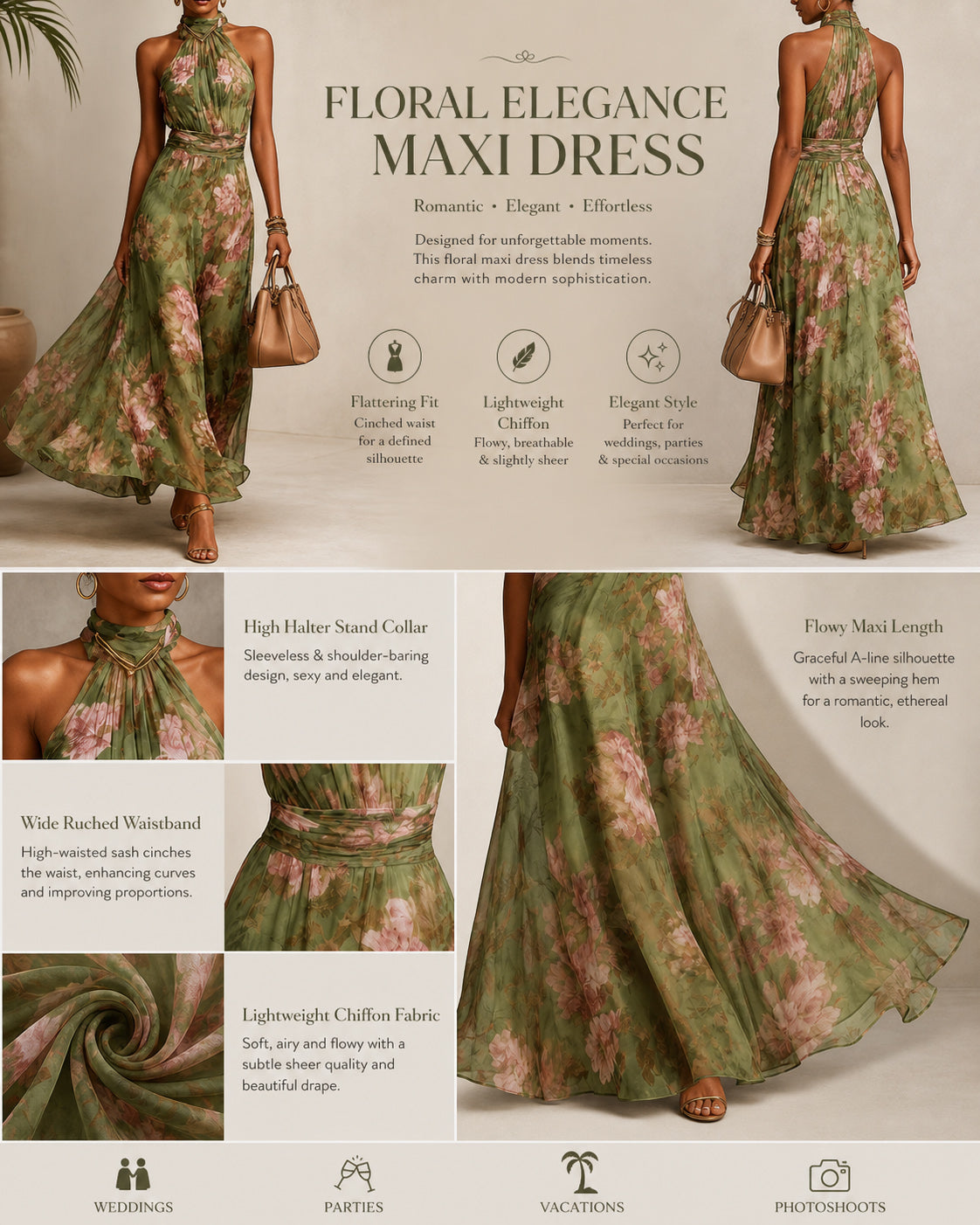 Chiffon Flowers Sleeveless High Waist Floral Print Maxi Dress
