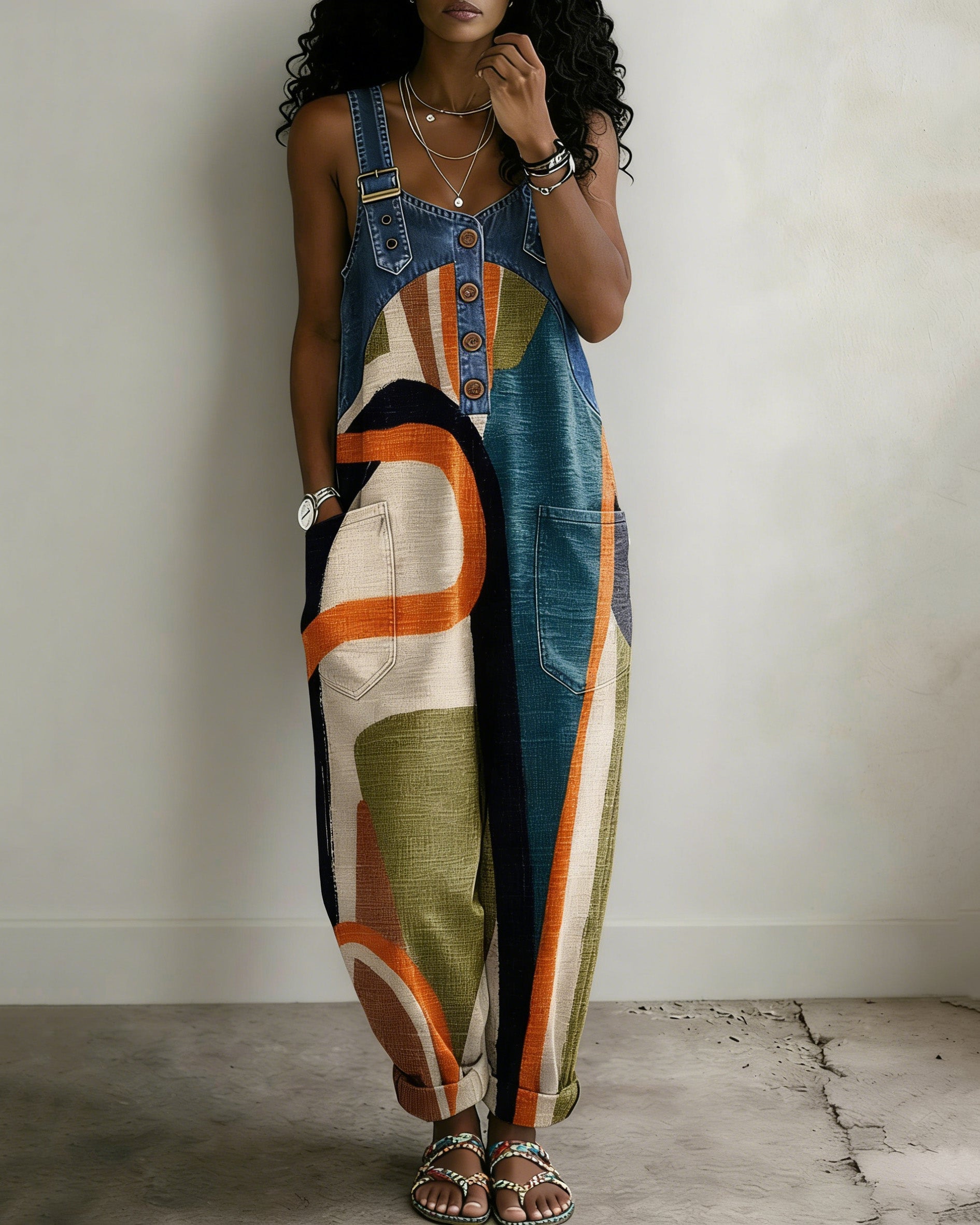 Abstract Geometric Print Sleeveless Spaghetti Strap Pockets Jumpsuit