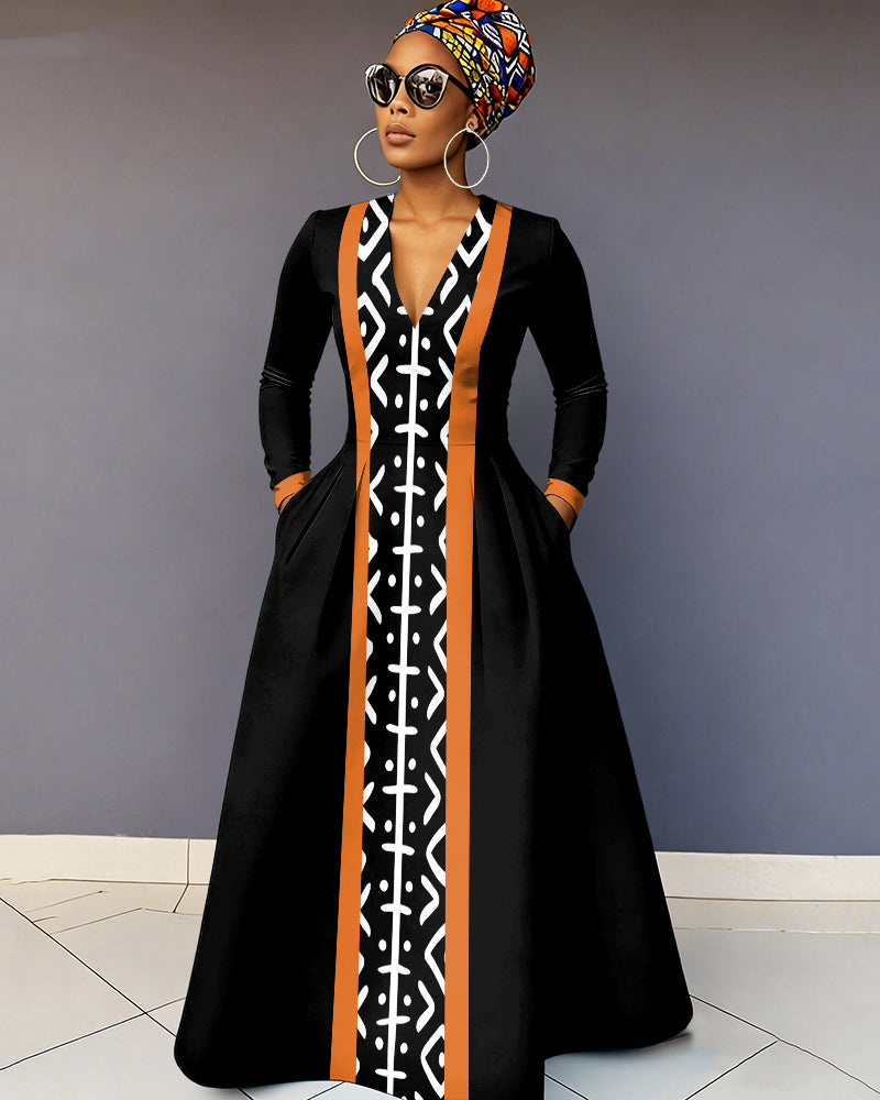 V-Neck Abstract Tribal Art Pocket Long-Sleeved Maxi Dress