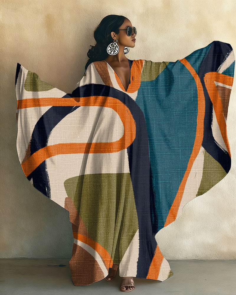 Abstract Geometric Stripes V-neck Long Kaftan Dress